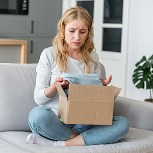 Upset woman sitting on a couch, opening a defective product package and inspecting the contents