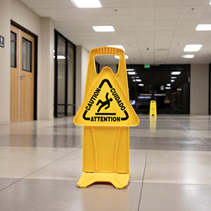 A bright yellow wet floor sign in a hallway, indicating CAUTION, CUIDADO, and ATTENTION.